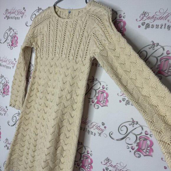 Dress sparkly knit crochet gold beige stretchy shimmer glitter swoop cuffs cute - Picture 4 of 11